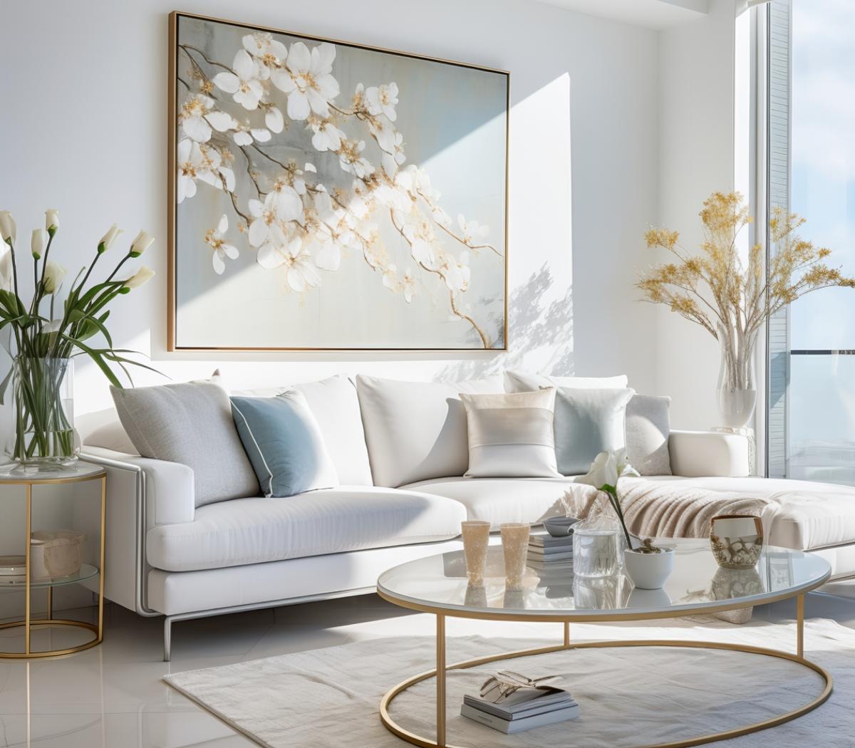 Elegant luxury home interior featuring a modern white sofa with light blue accent pillows, gold coffee table, and contemporary artwork in a bright, airy living space